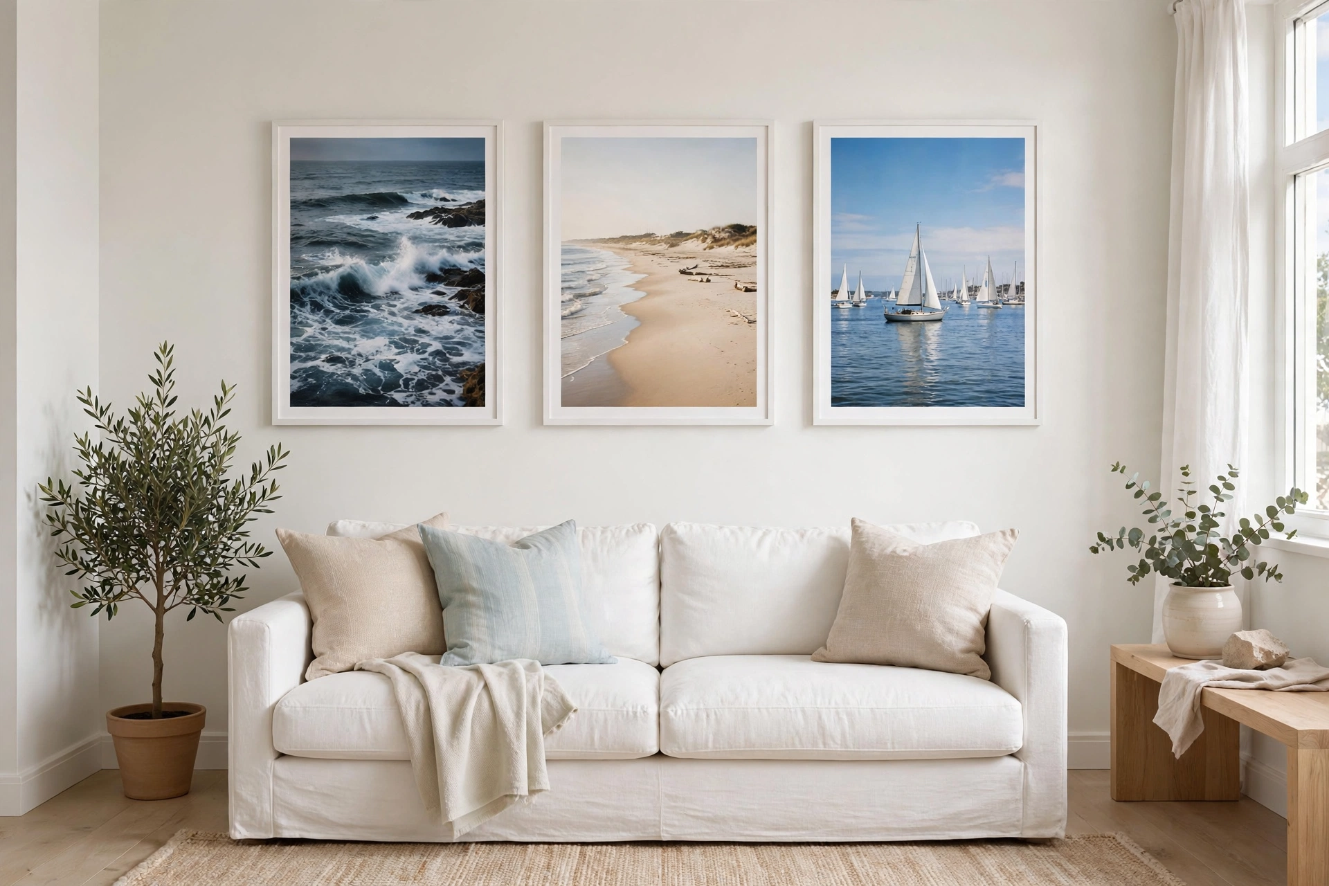 Bright studio living room with three framed coastal photography prints above white sofa