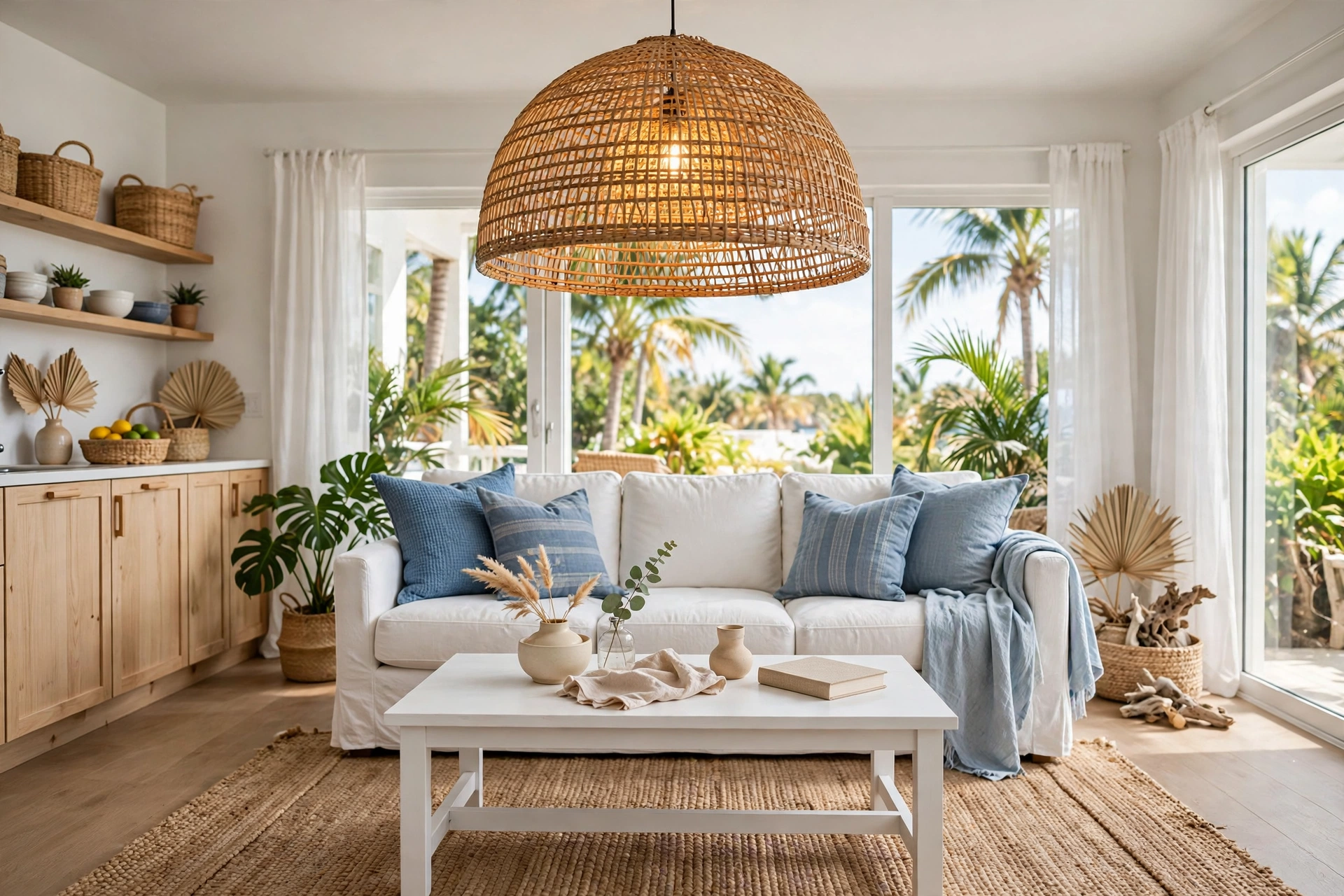 Studio living room with large rattan dome pendant light over white coffee table