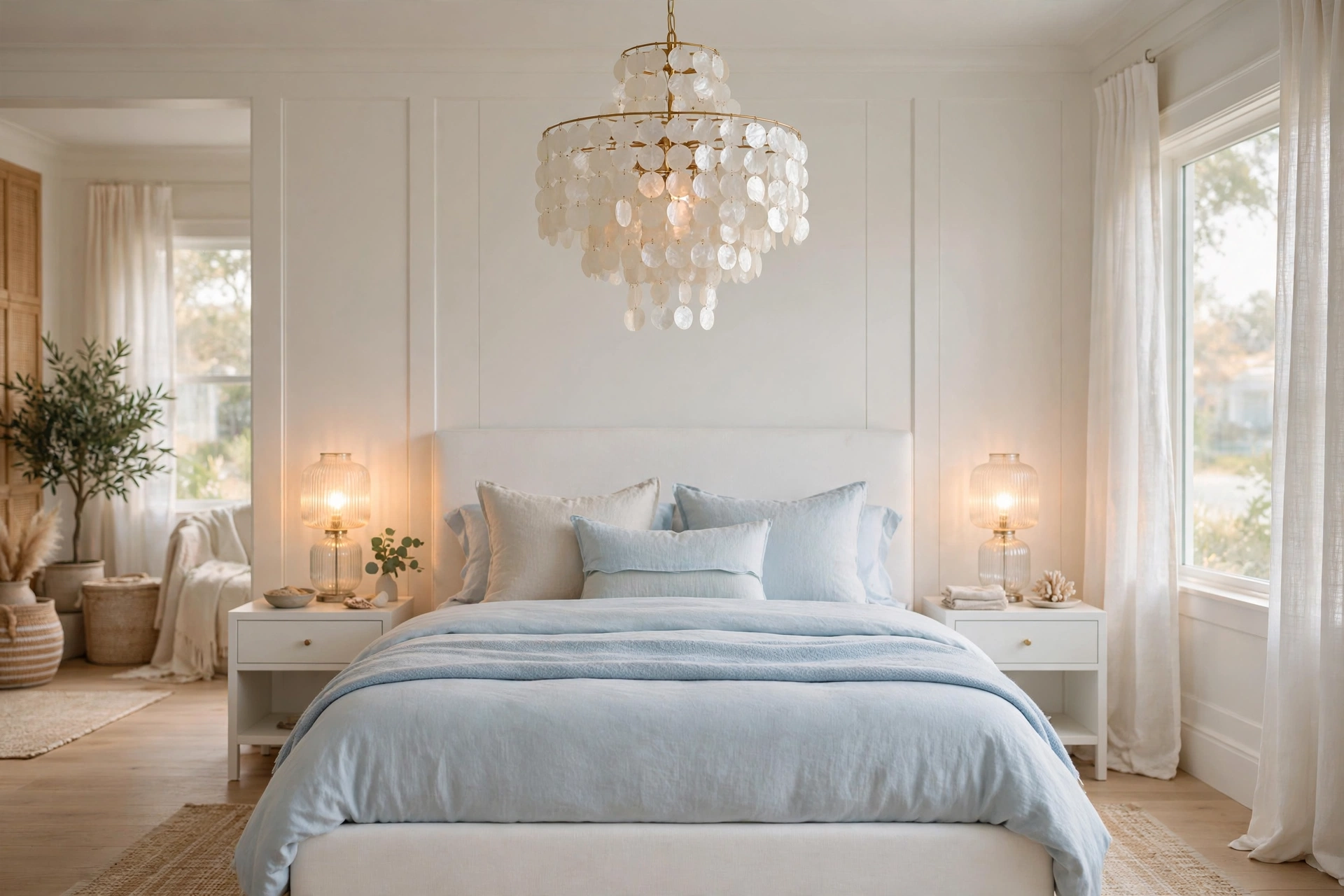 Elegant studio bedroom with capiz shell chandelier glowing over white upholstered bed