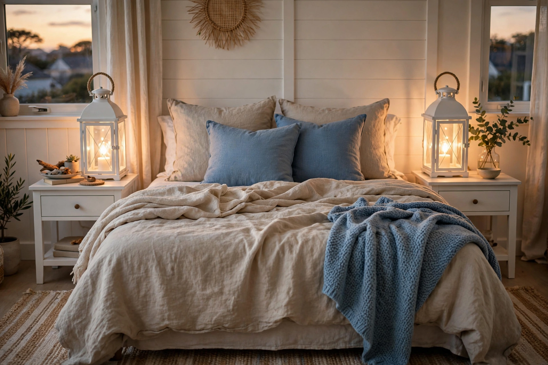 Cozy studio bedside with matching white glass lantern table lamps on white nightstands
