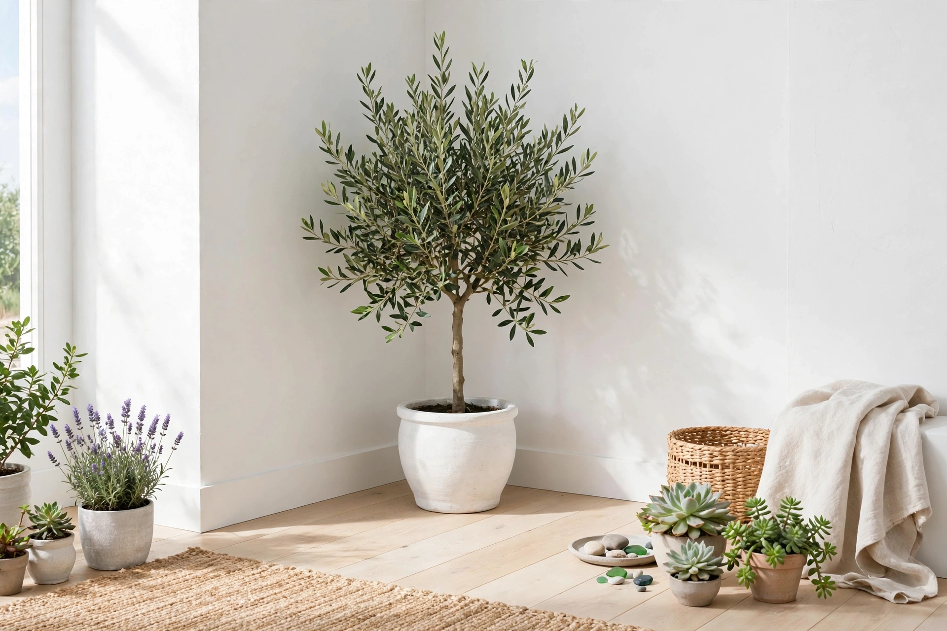 Bright coastal studio corner with potted olive tree in white ceramic planter and lavender