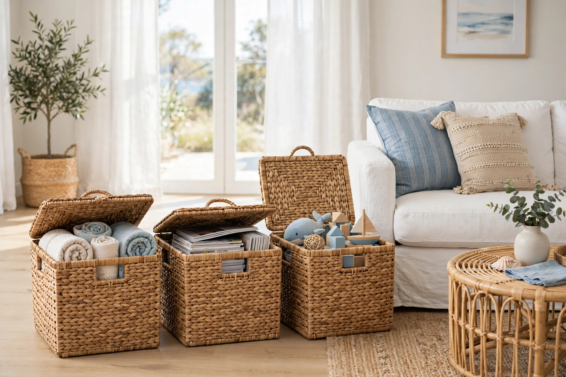 Tidy studio living area with three large woven seagrass storage baskets beside white sofa