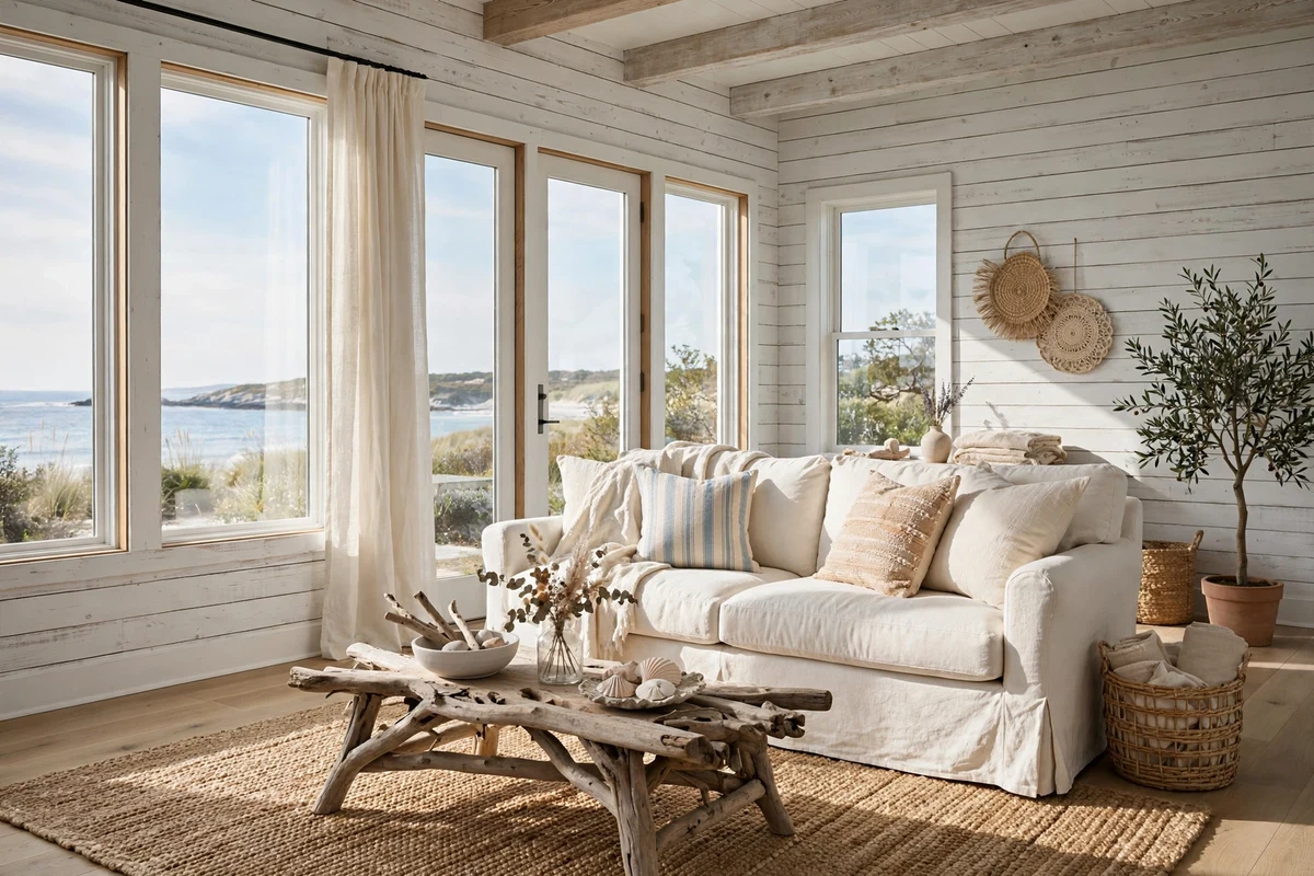 Coastal living room with whitewashed shiplap walls and linen sofa