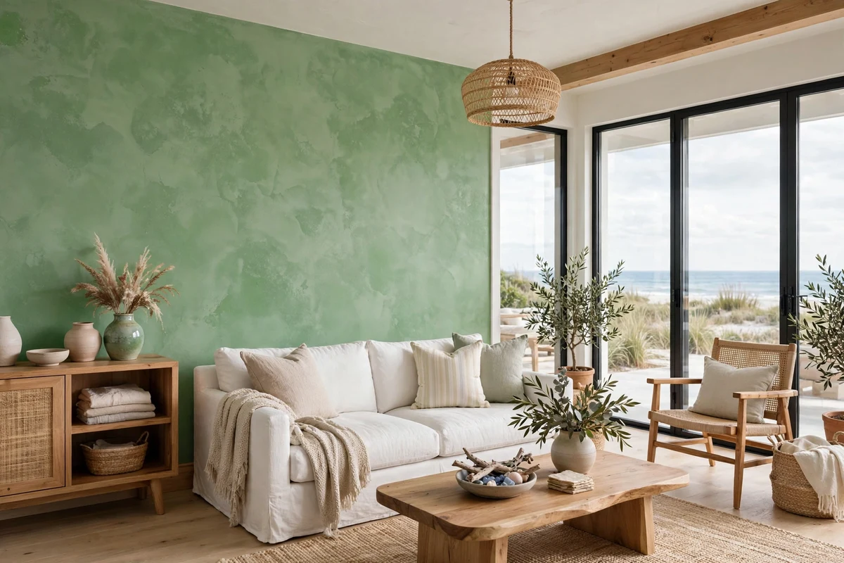 Coastal living room with sea-glass green limewash walls