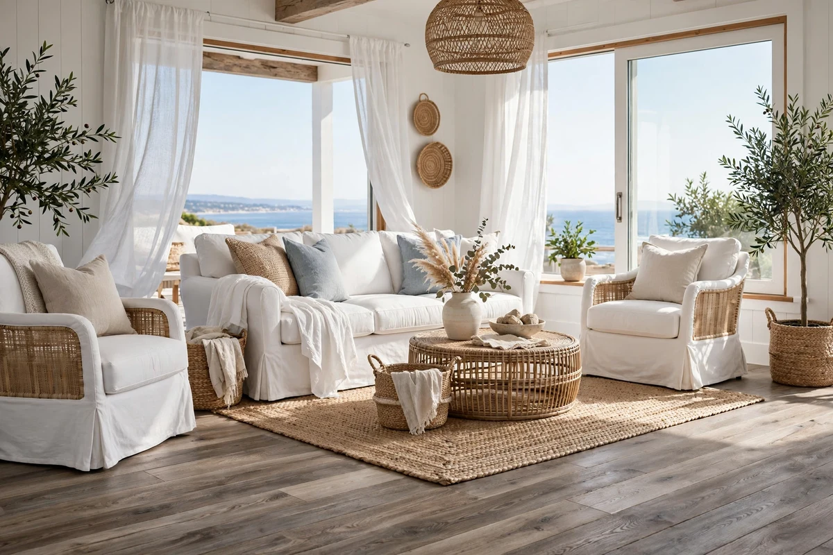 Coastal living room with wide-plank driftwood floors