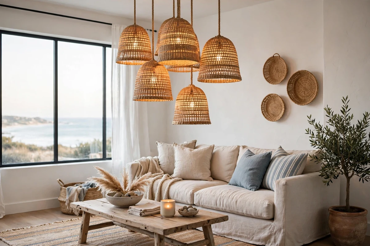 Coastal living room with rattan pendant light cluster