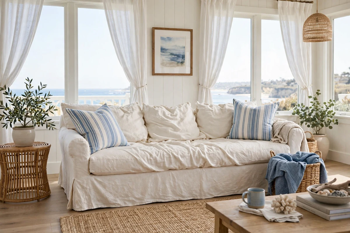 Coastal living room with ivory linen slipcovered sofa