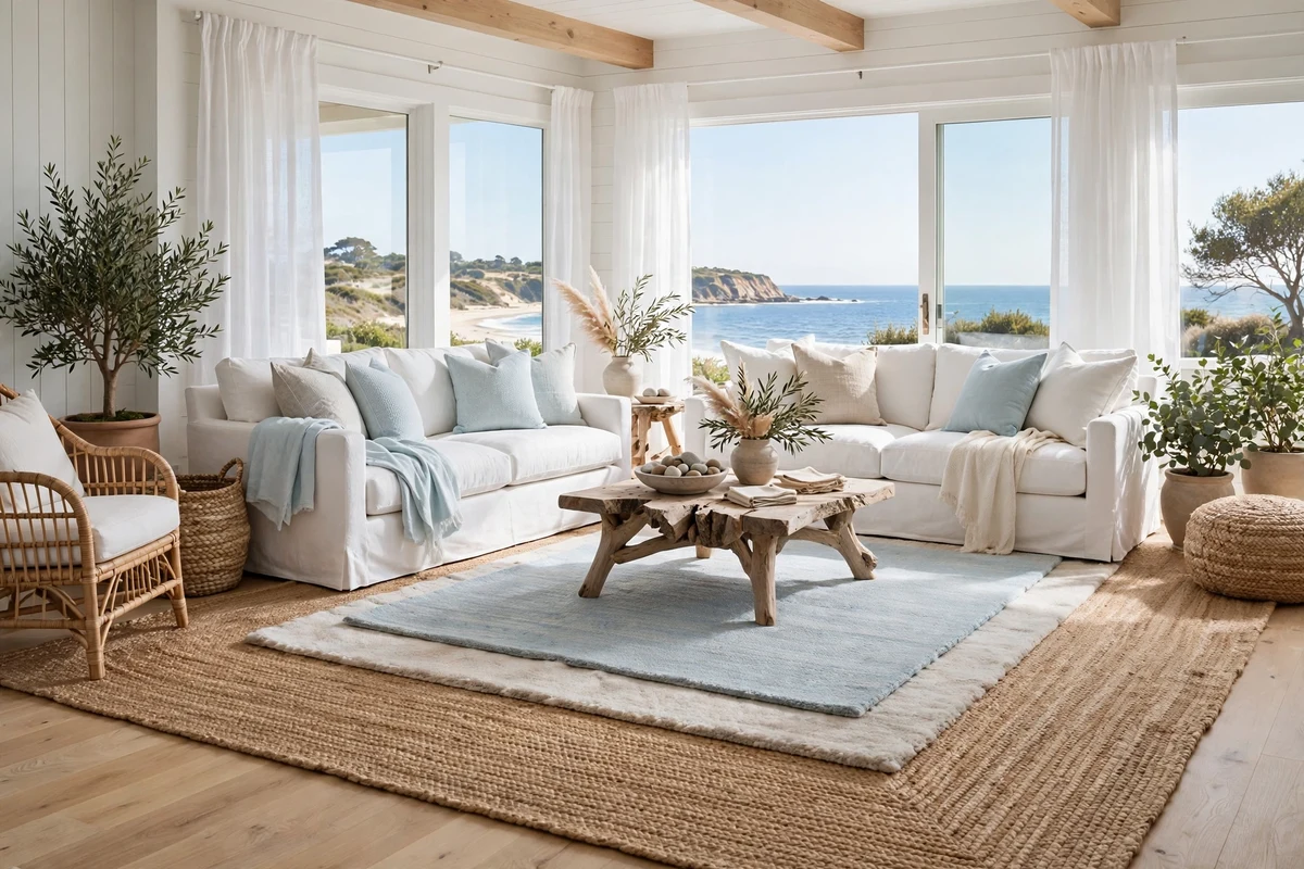 Coastal living room with oversized jute area rug