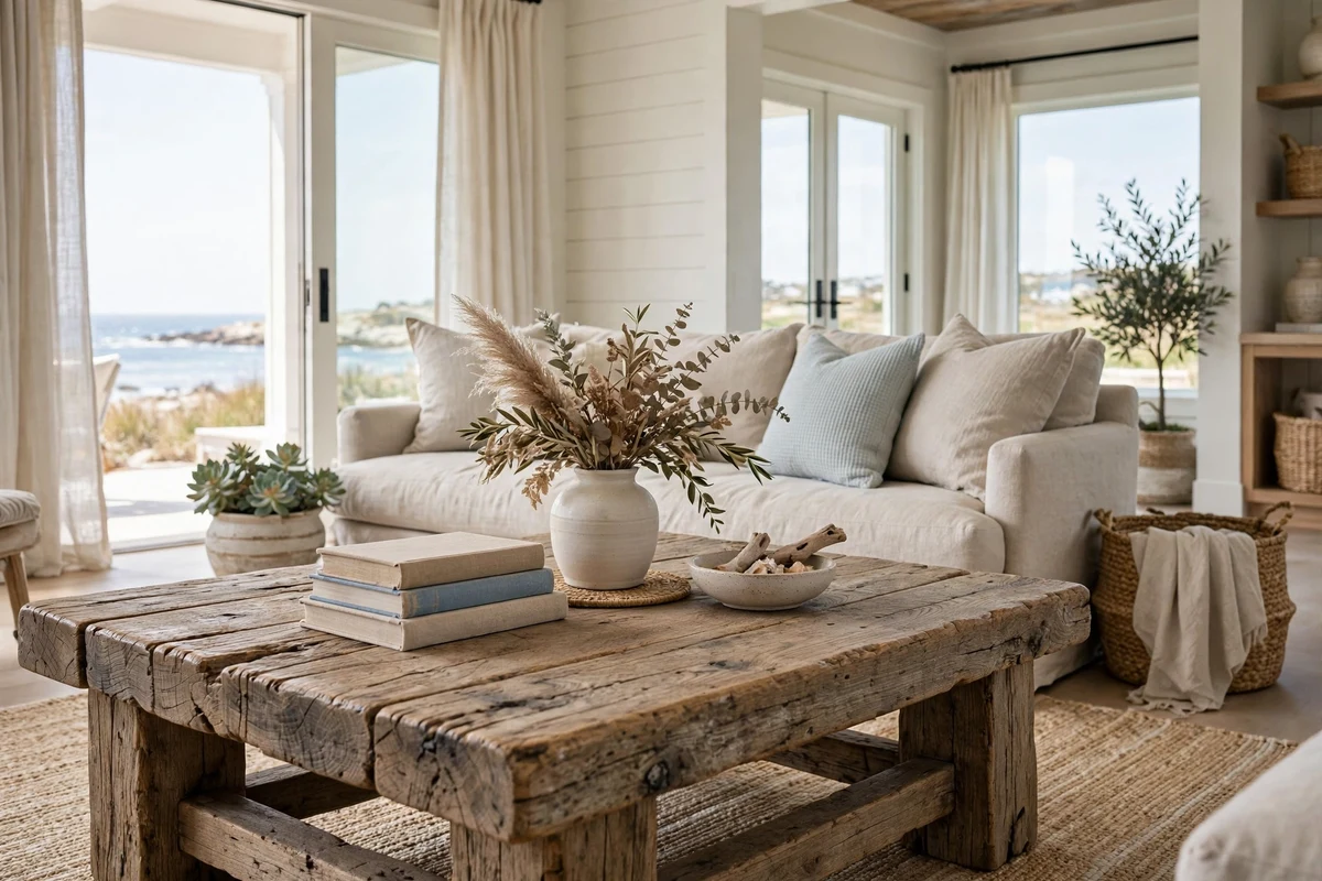 Coastal living room with weathered oak coffee table