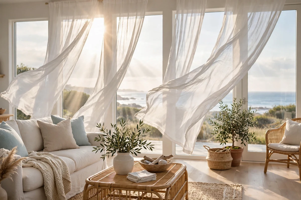 Coastal living room with sheer linen curtains