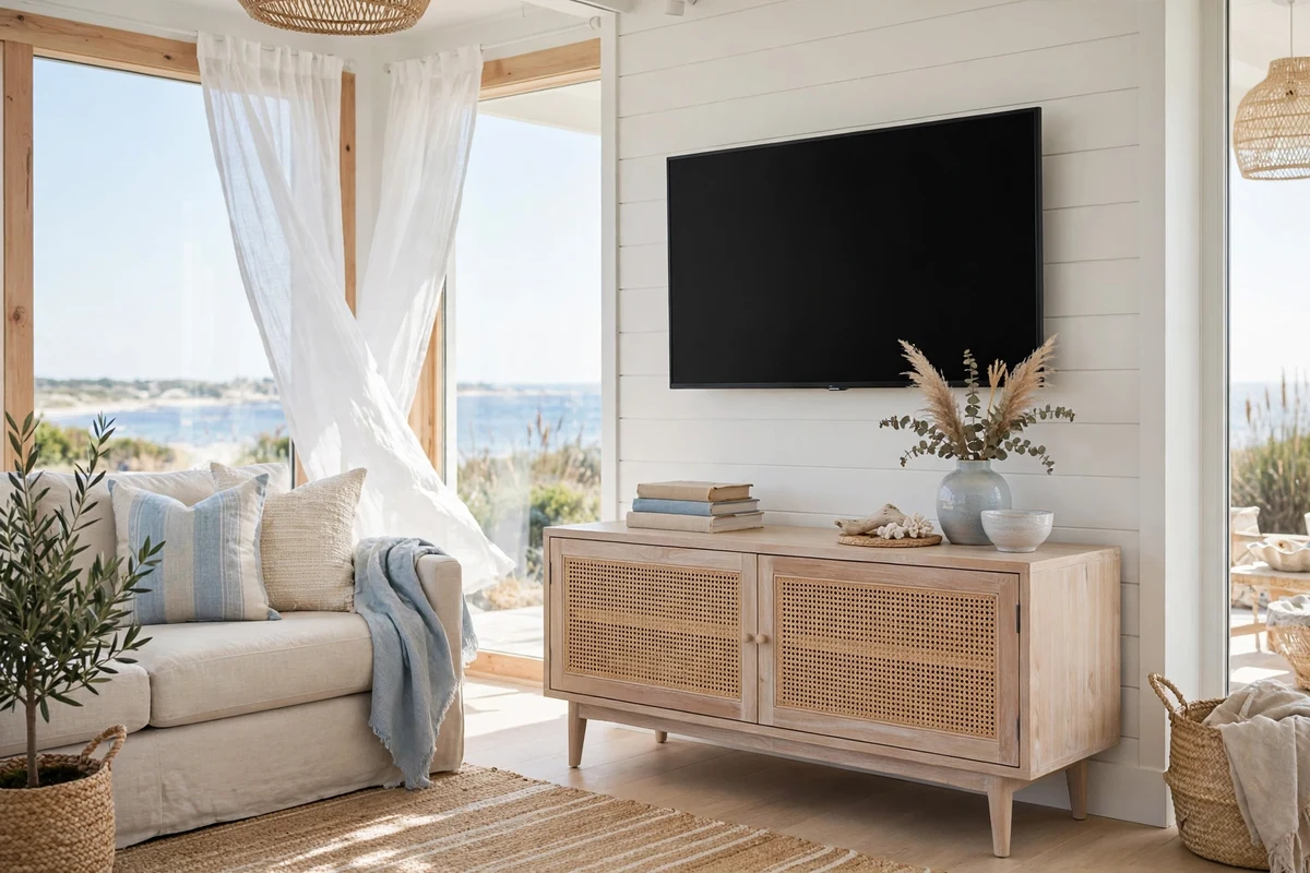 Coastal living room with bleached teak media console