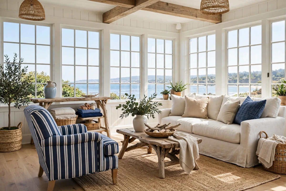 Coastal living room with blue-and-white striped armchair