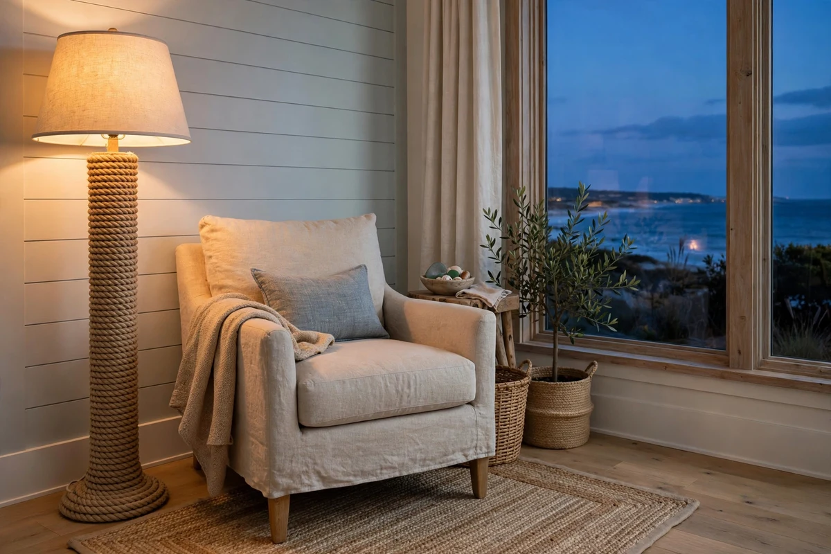 Coastal living room with rope-wrapped floor lamp