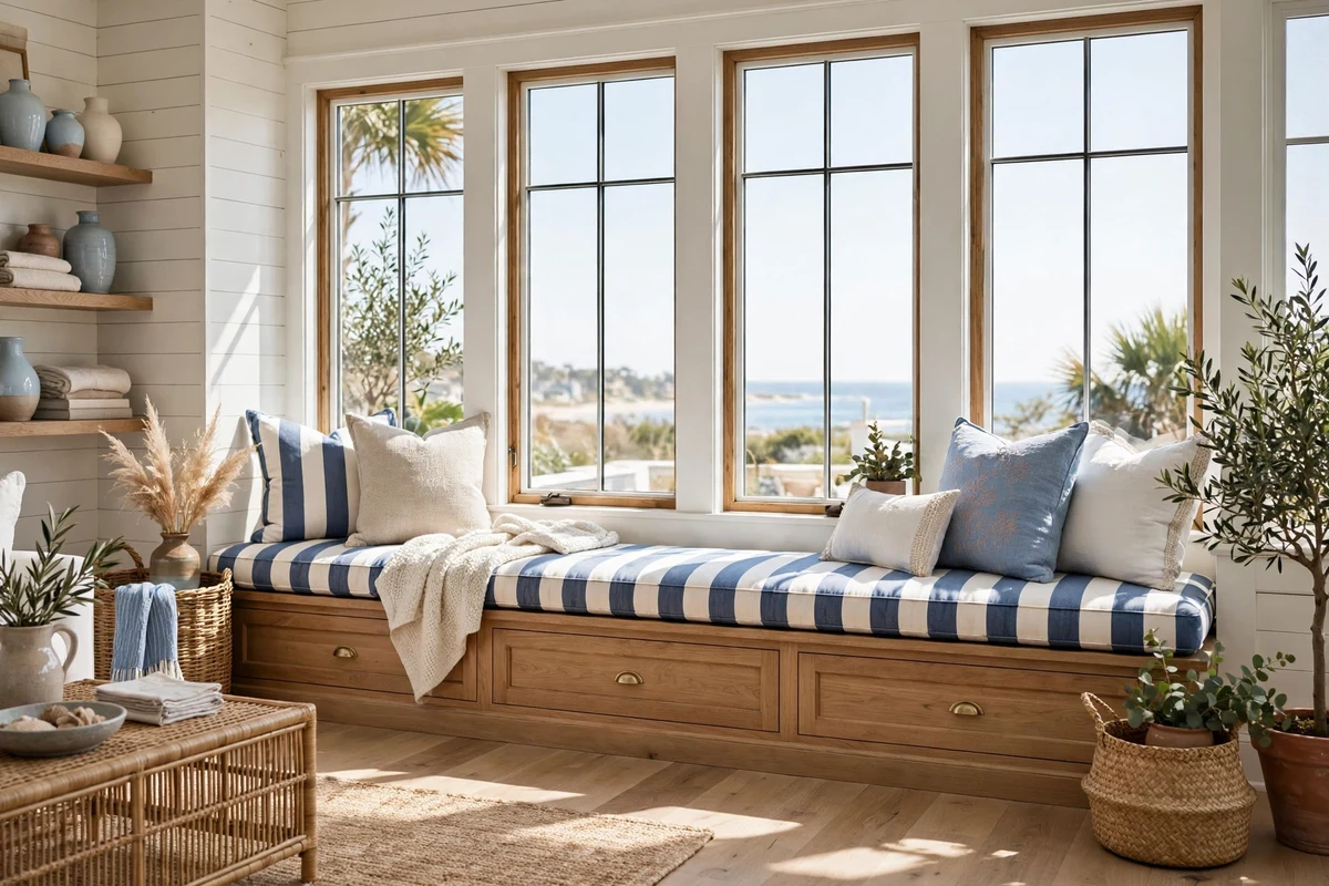 Coastal living room with built-in window seat