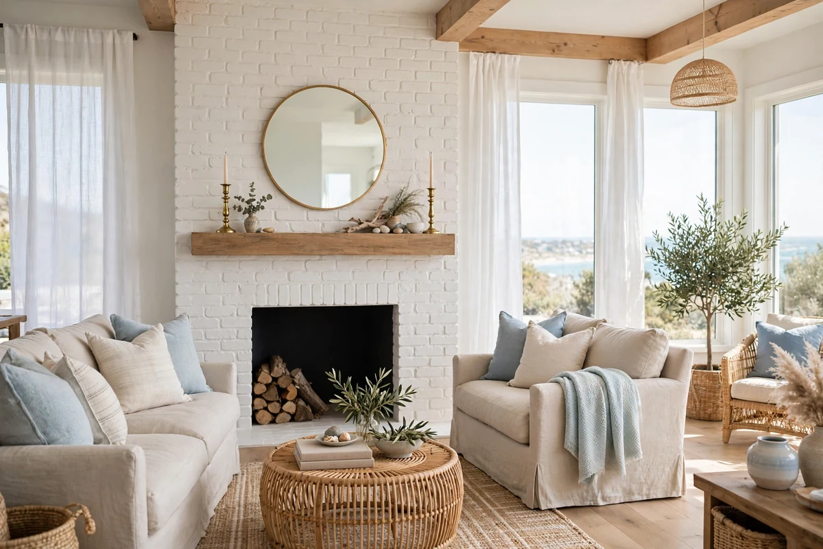 Coastal living room with white-painted brick fireplace