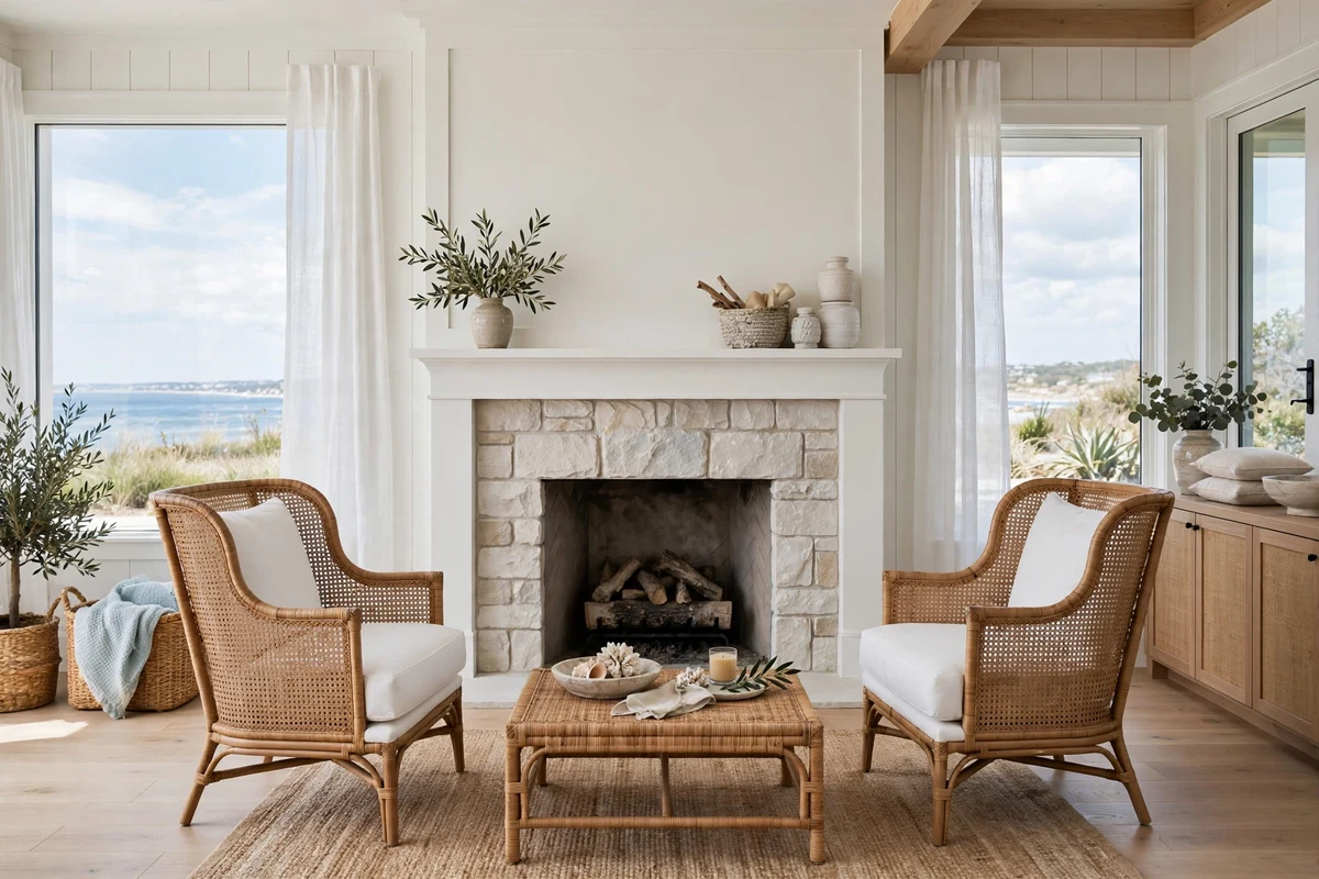 Coastal living room with cane-back accent chairs
