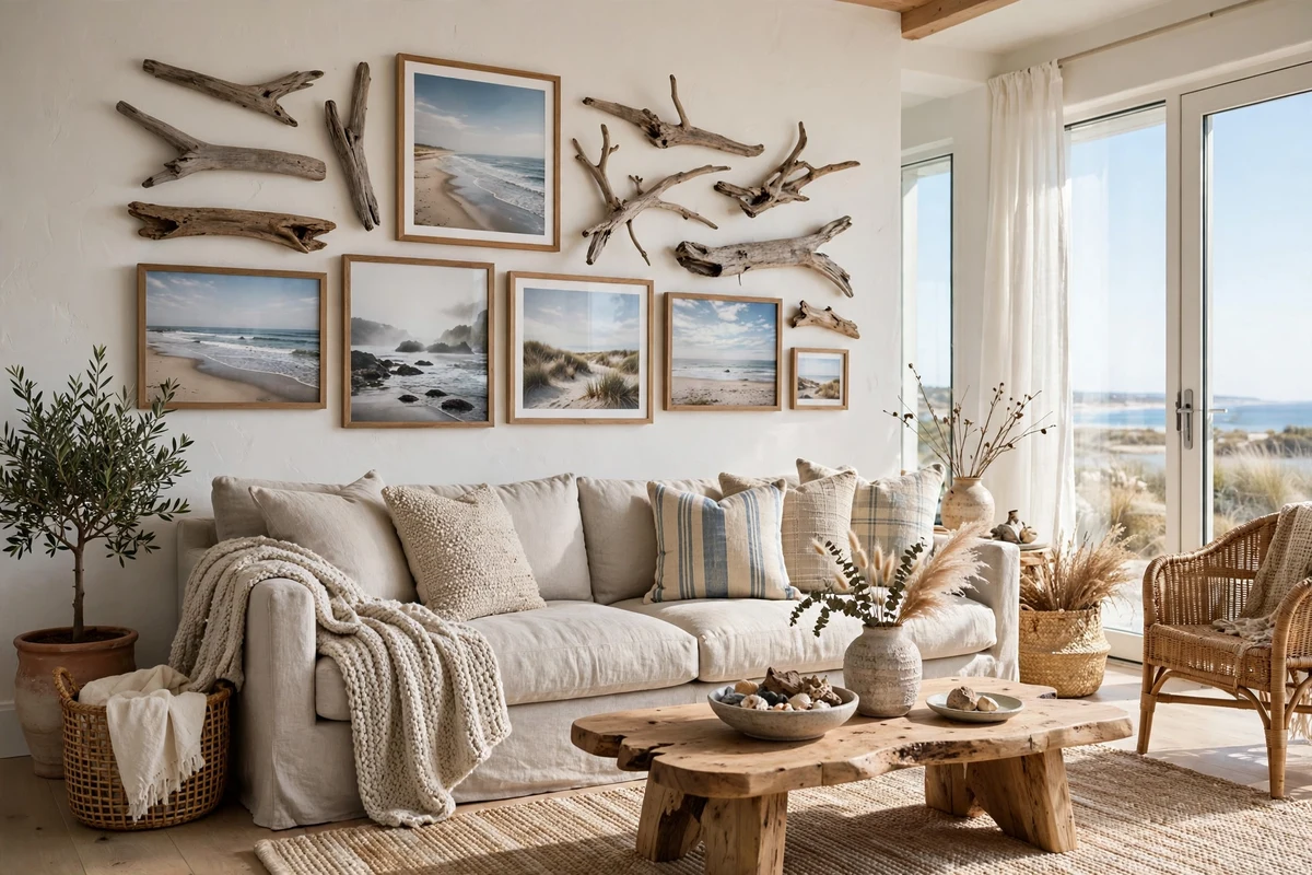 Coastal living room with driftwood gallery wall