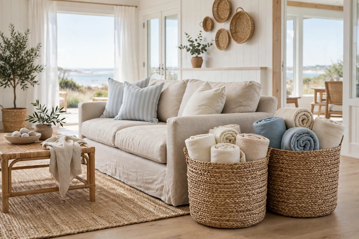Coastal living room with seagrass storage baskets
