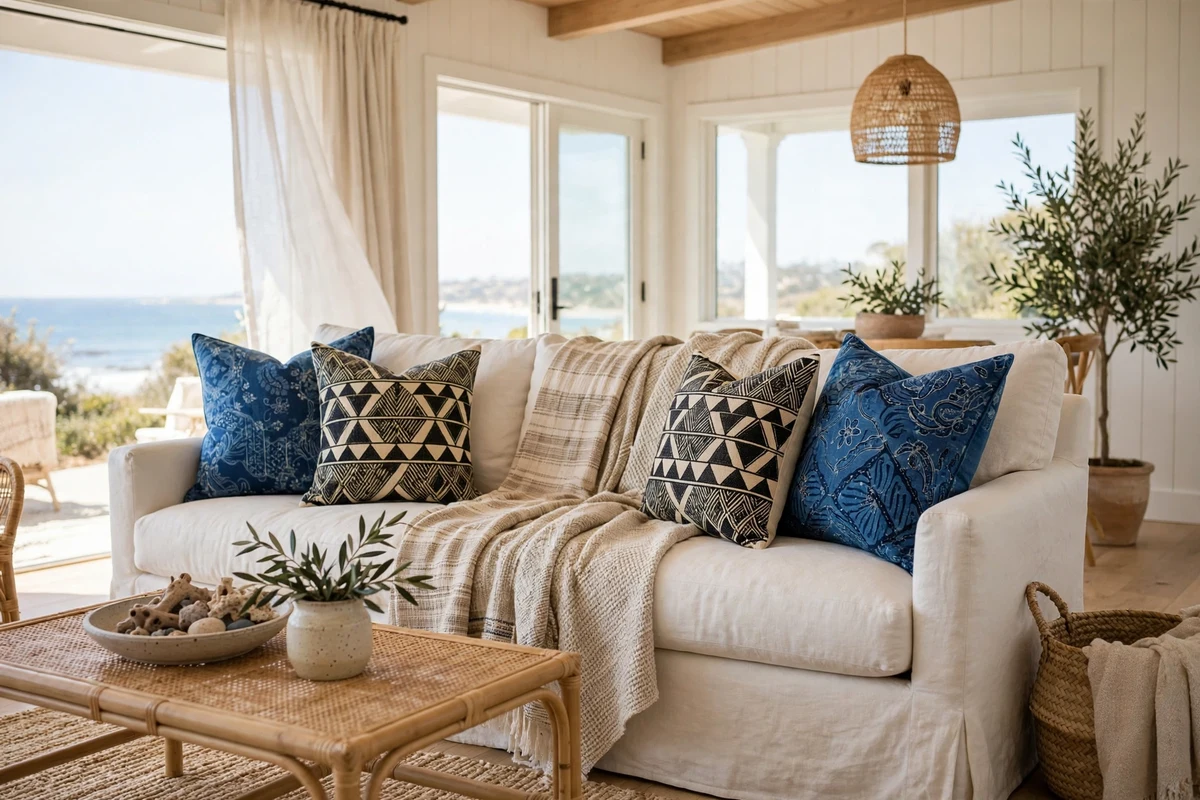 Coastal living room with indigo batik throw pillows