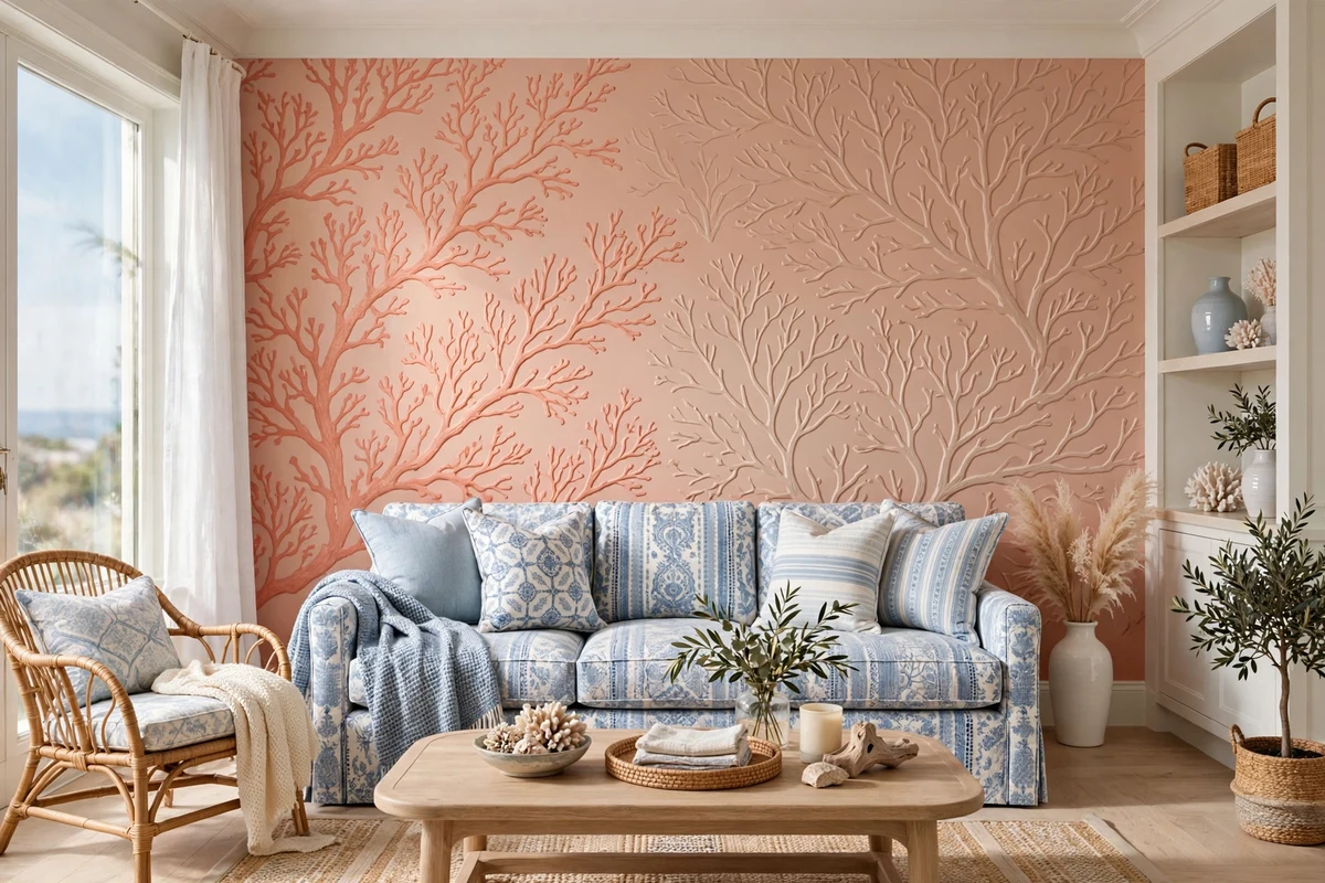 Coastal living room with coral-pattern wallpaper accent wall