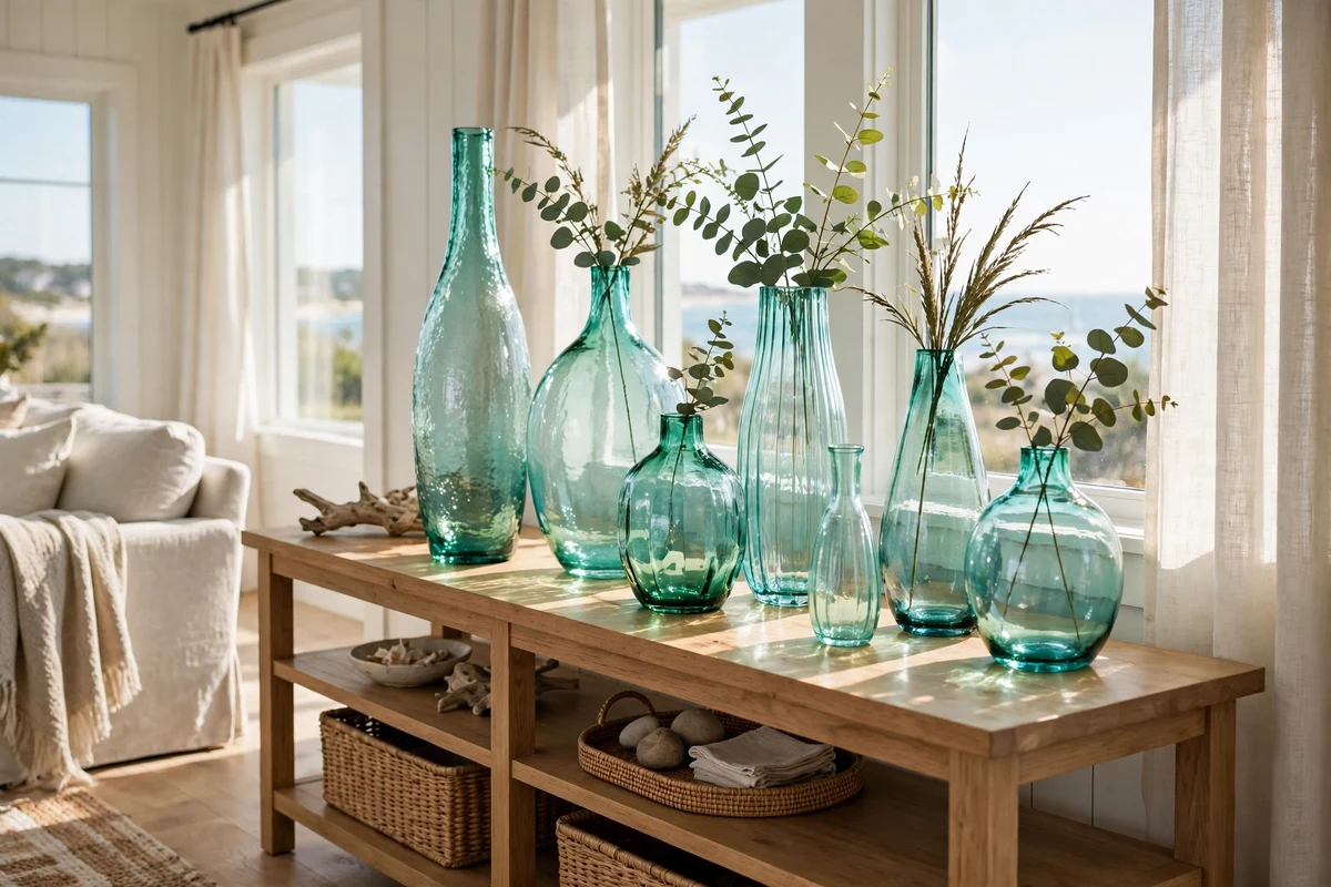 Coastal living room with aqua glass vase collection