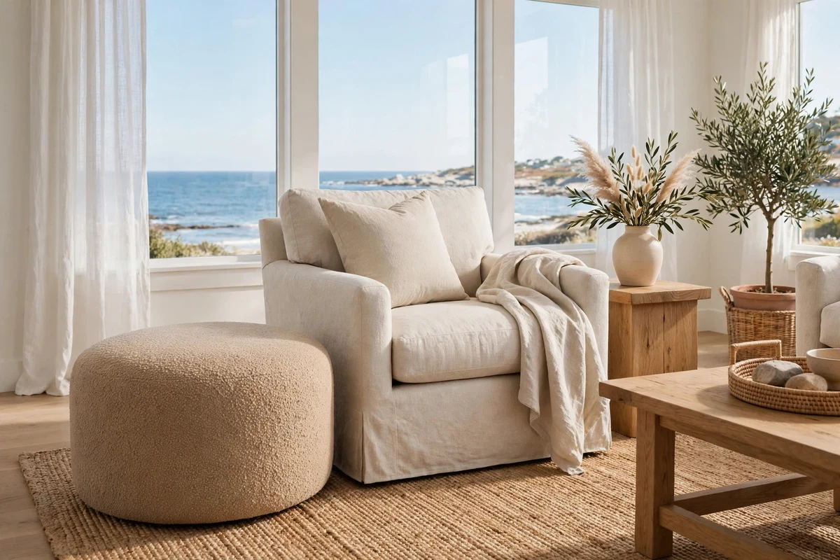 Coastal living room with sand-colored boucle ottoman