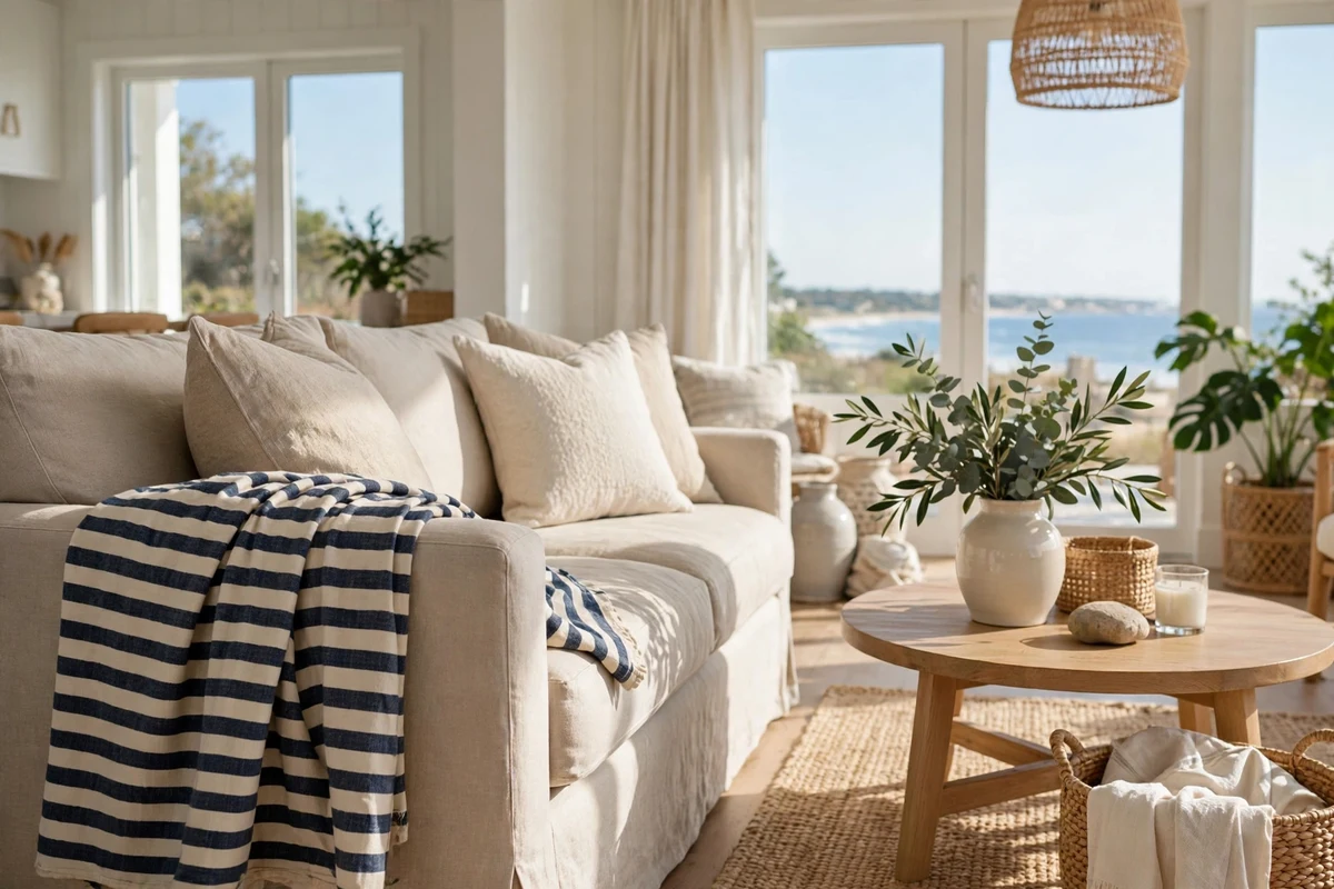 Coastal living room with nautical stripe throw blanket