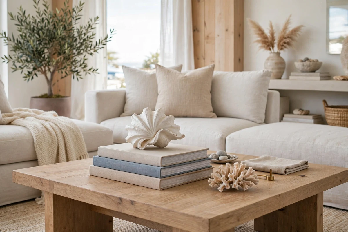 Coastal living room with shell and coral coffee-table styling