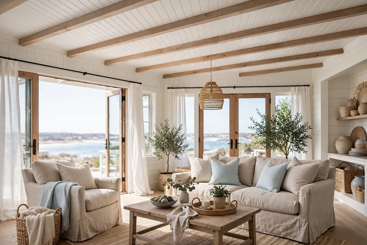 Coastal living room with white beadboard ceiling