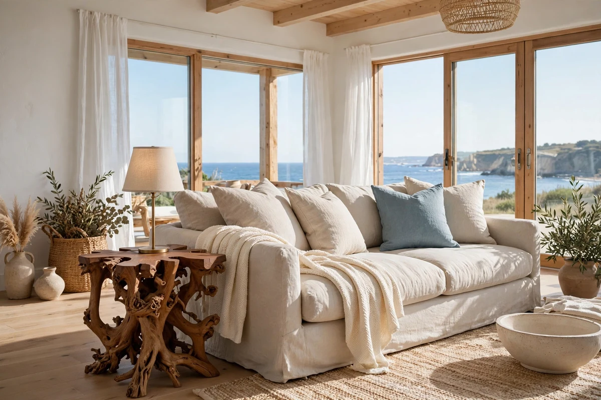 Coastal living room with teak root side table