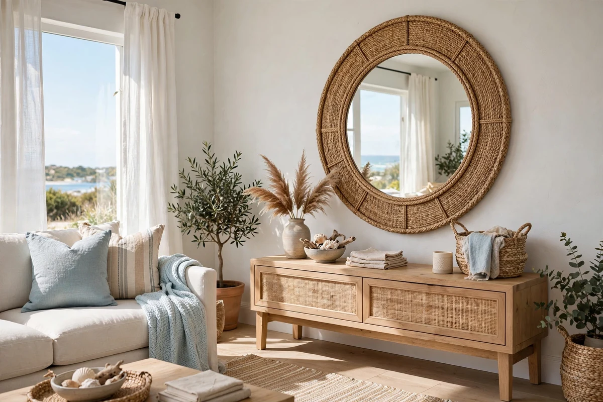 Coastal living room with woven seagrass mirror