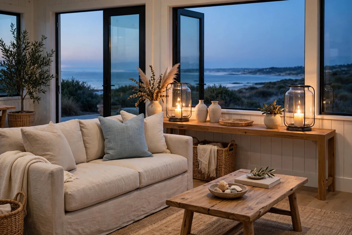 Coastal living room with lantern-style table lamps