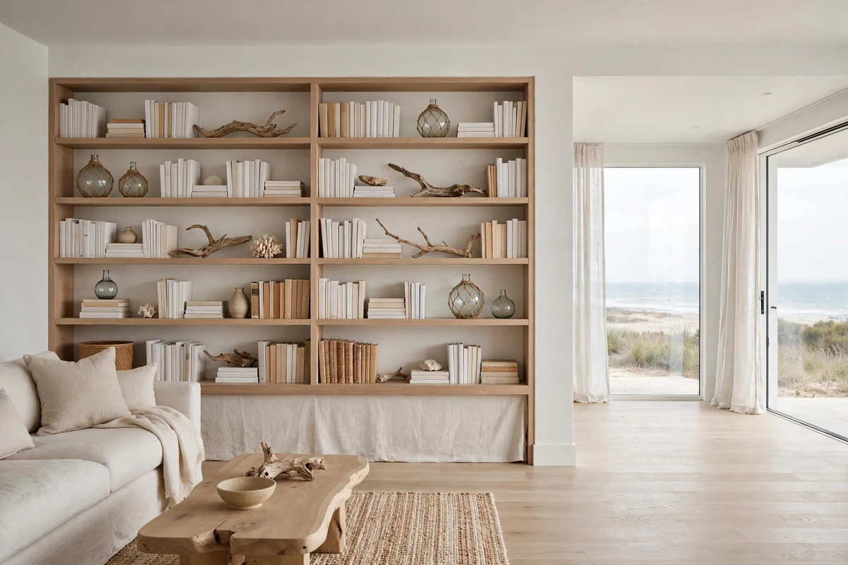 Coastal living room with driftwood-styled bookshelves
