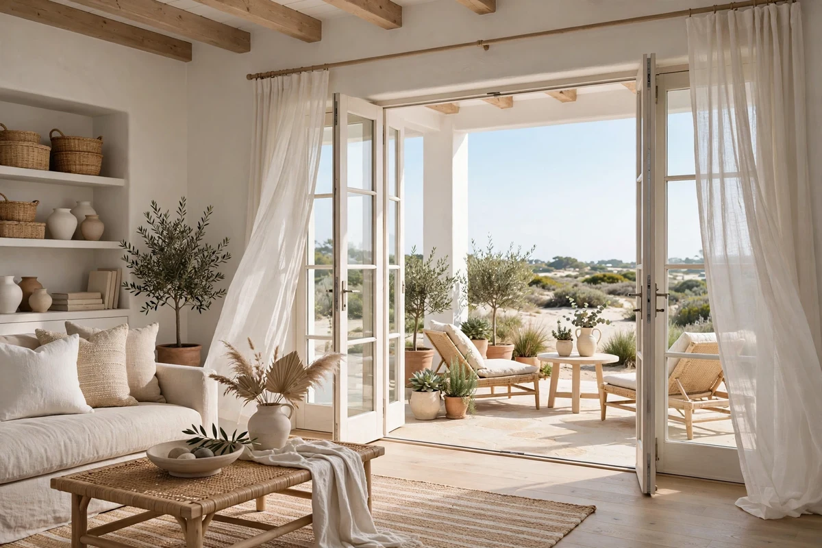 Coastal living room with French doors opening to patio