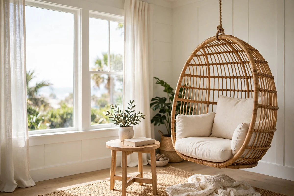 Coastal living room with hanging rattan chair corner