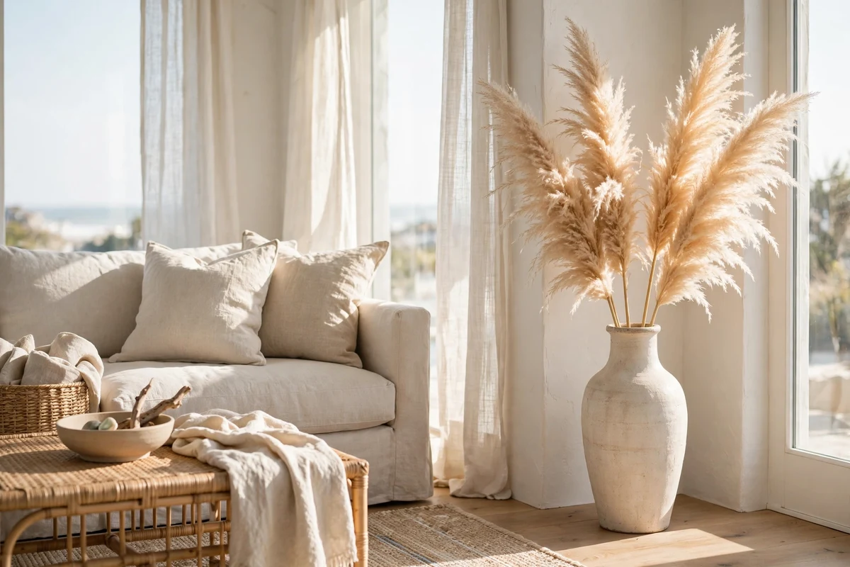 Coastal living room with pampas grass in tall vase