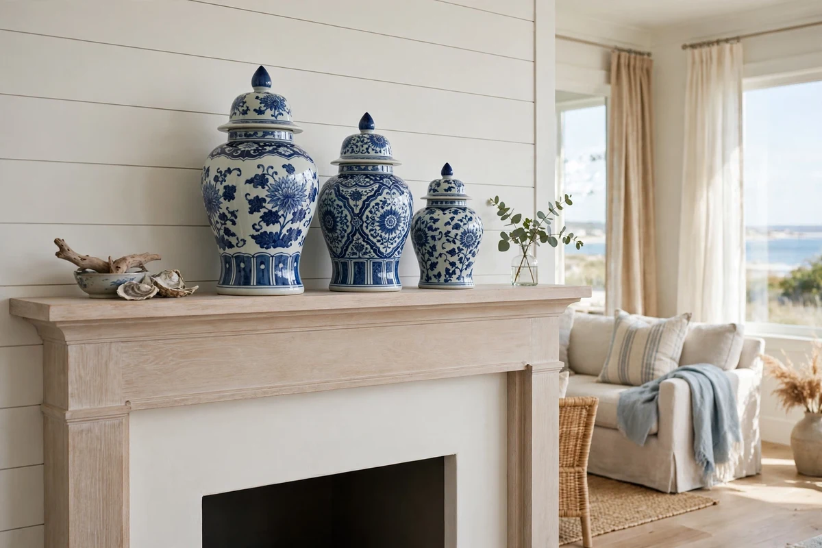 Coastal living room with blue-and-white porcelain display