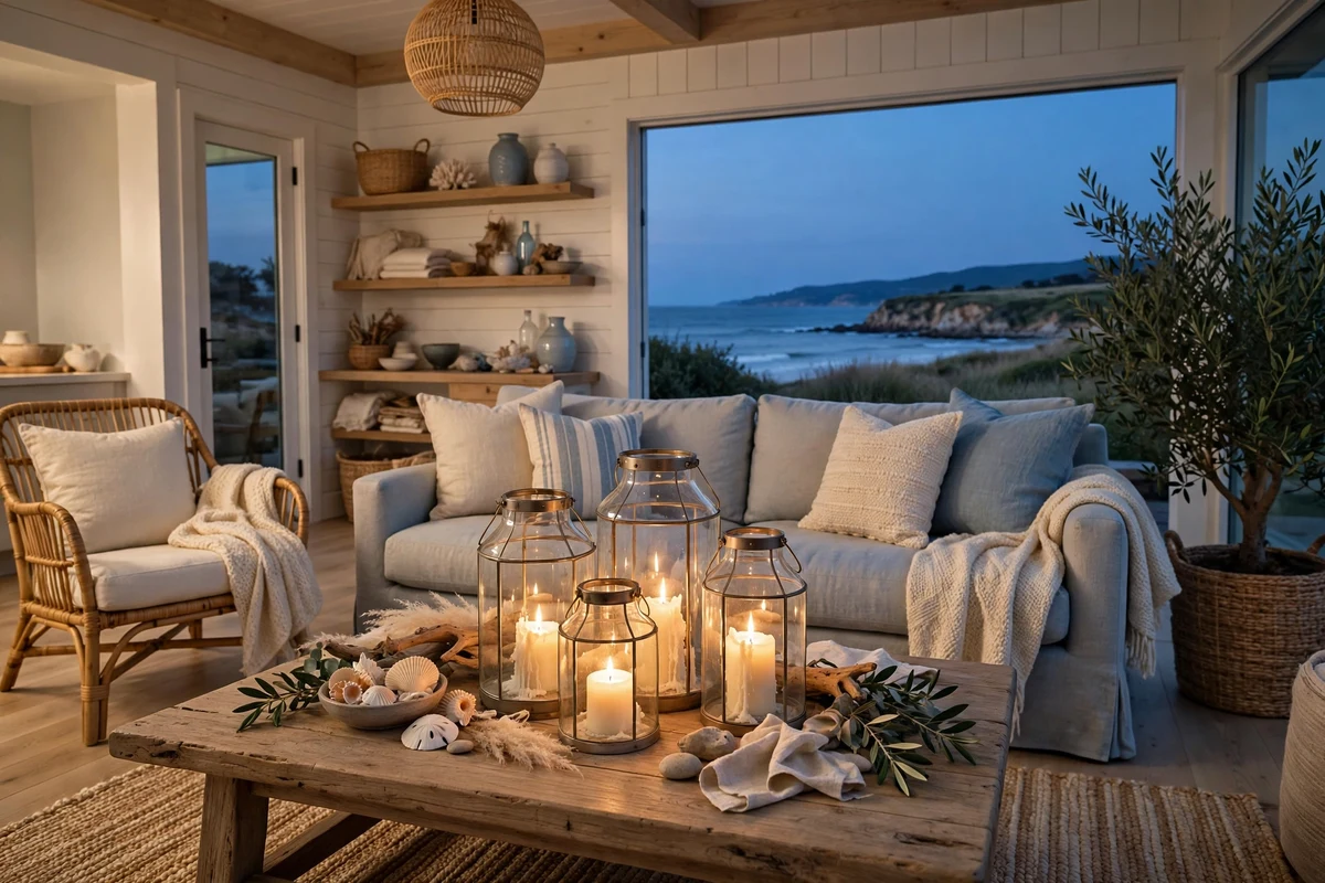 Coastal living room with candlelit lantern cluster