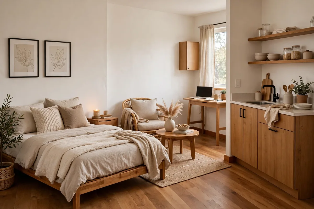 Studio apartment color scheme with warm white walls and honey wood tones