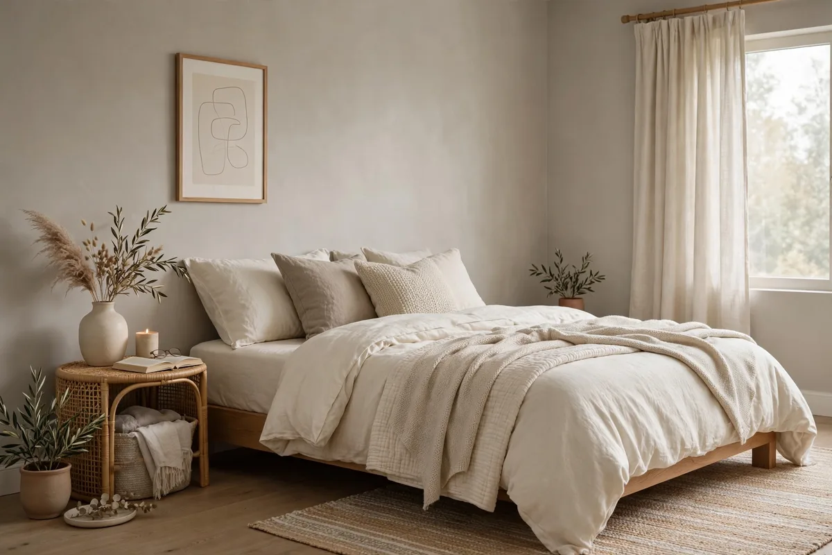 Greige studio apartment color palette with cream bedding layers