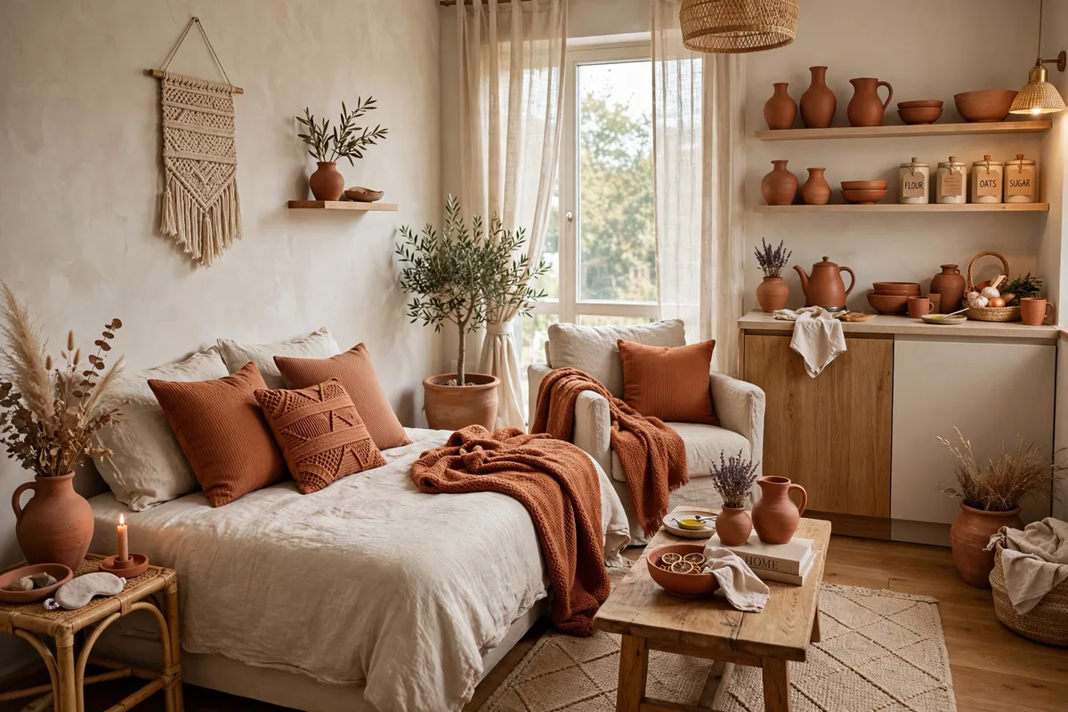 Oatmeal and terracotta color scheme in a cozy studio apartment