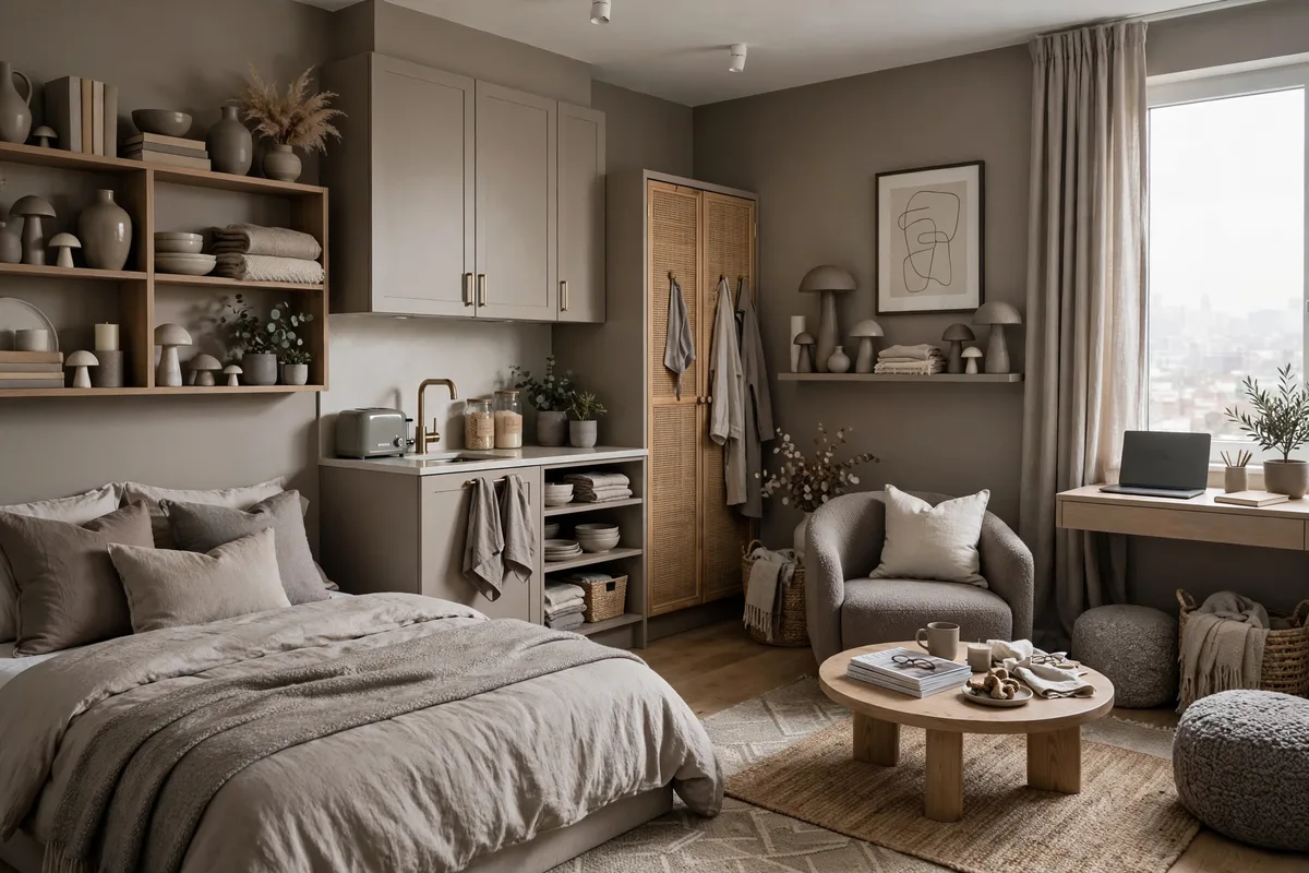 Mushroom taupe walls in a calming studio apartment color scheme