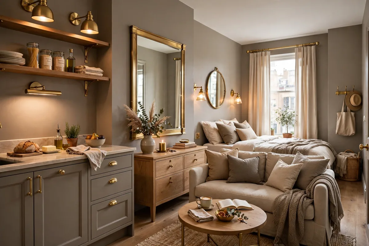Warm gray studio apartment palette with brass accent details