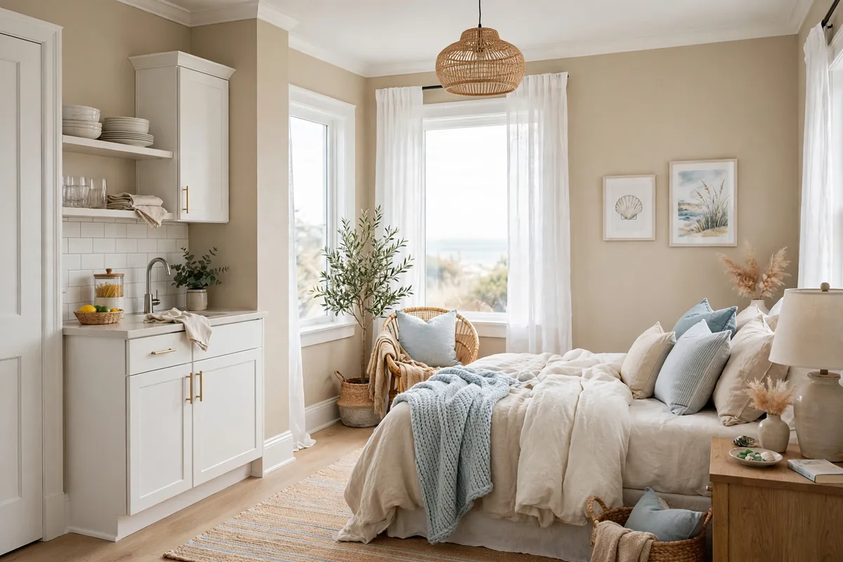 Sandy beige and white coastal color scheme in a studio apartment