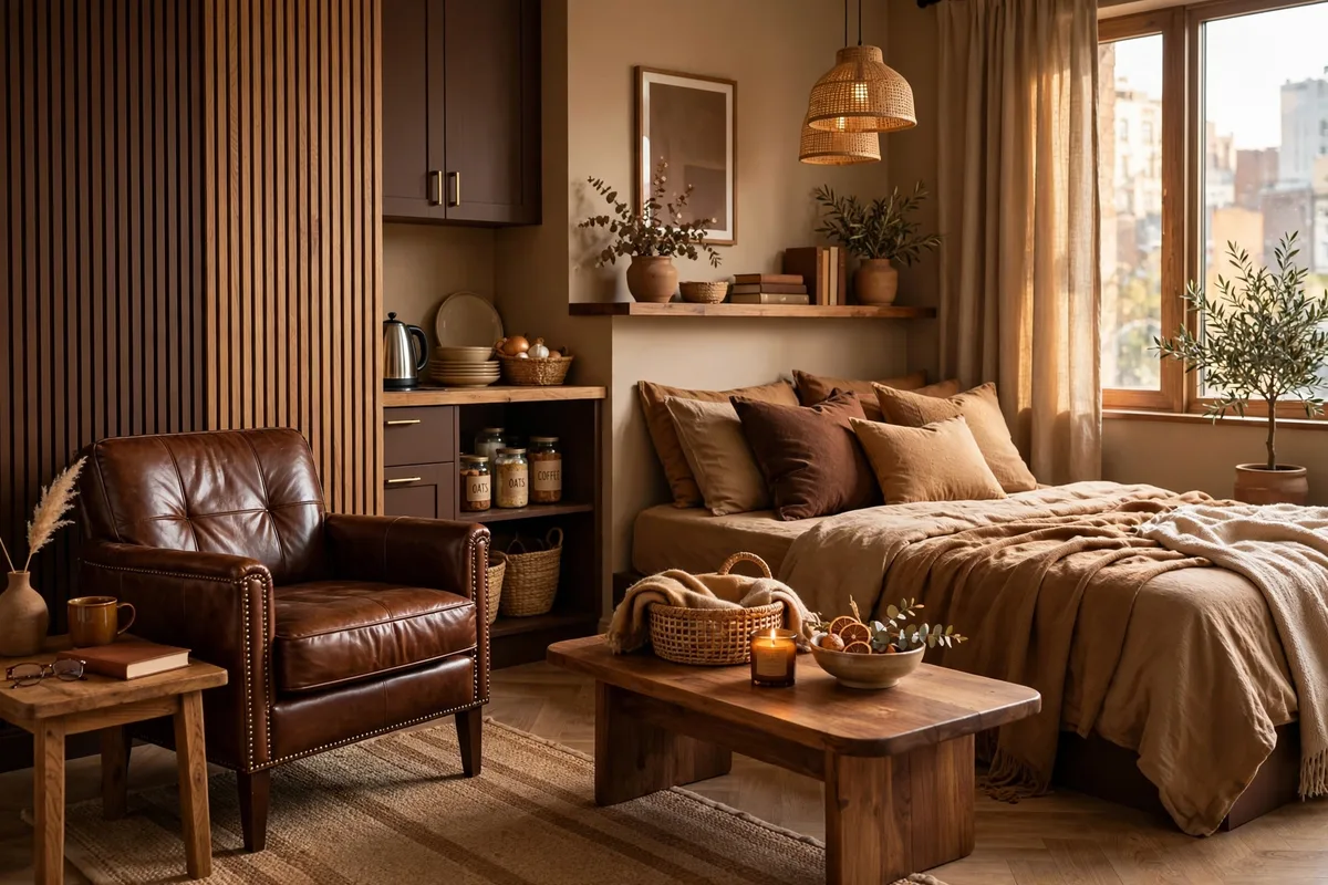 Camel and chocolate layered brown tones in a studio apartment