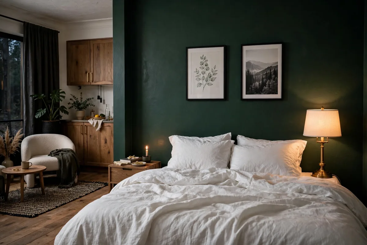Deep forest green accent wall behind a bed in a studio apartment