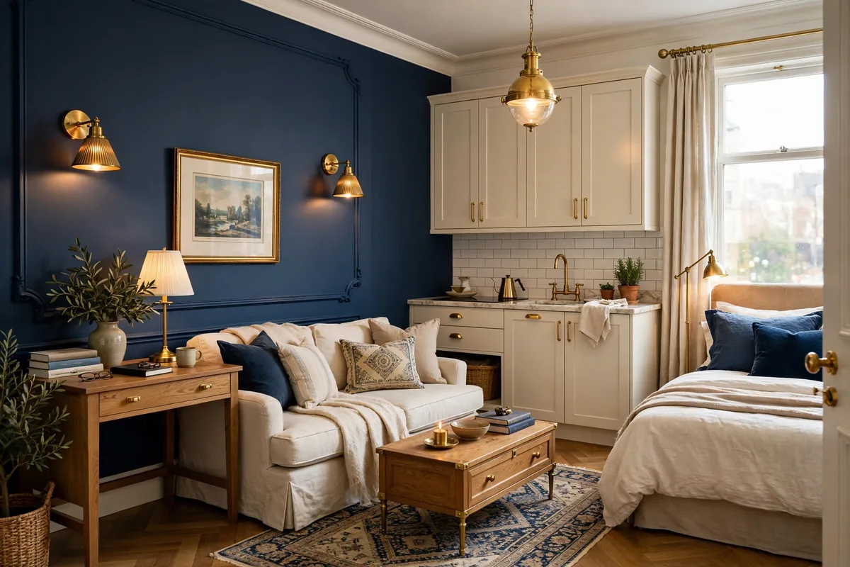 Navy blue and brass color scheme in a moody studio apartment