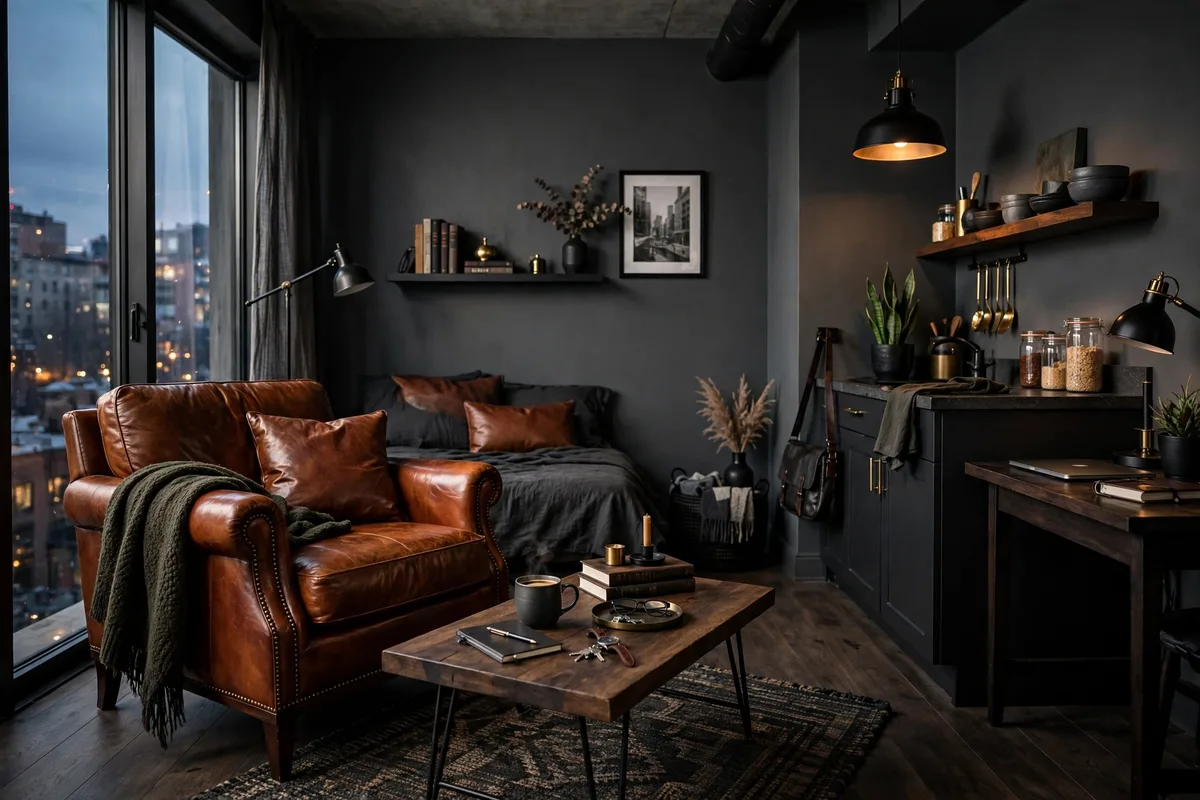 Charcoal walls with cognac leather accents in a studio apartment