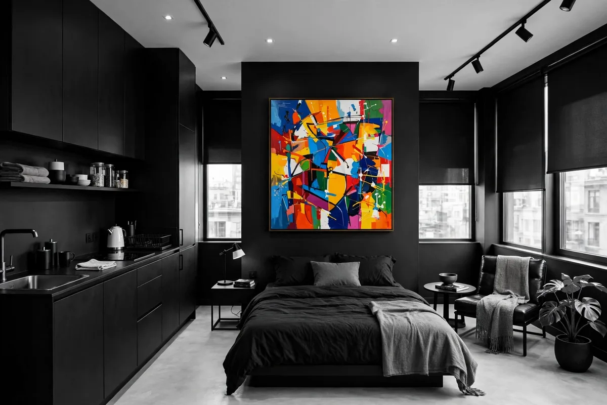 Black and white studio apartment with one bold colorful art piece