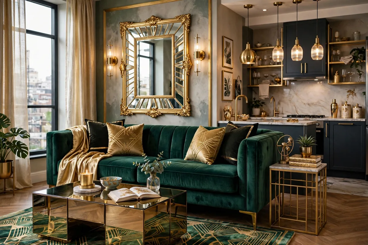 Emerald green and gold glamorous color scheme in a studio apartment